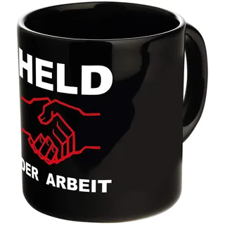 ostprodukte-versand Tasse Held der Arbeit Schwarz – Keramikbecher 300ml – Spülmaschinengeeignet – Lustiges Geschenk & Bürotasse für Kollegen – Porzellanbecher mit Henkel