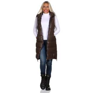Aurela Damenmode Longweste Kunstlederweste Damen warme Longweste ärmellose Damen Weste mit Kapuze, in modischer Lederoptik braun 34