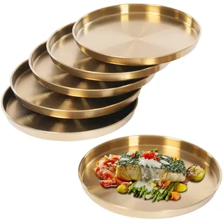 HPDTZ 6 Stück Serviertablett Edelstahl Rundtablett Gold 31 cm Dekotablett für Schmuck und Teeservice Stapelbar Vielseitig Verwendbar für Wohnzimmer Küche und Feierlichkeiten