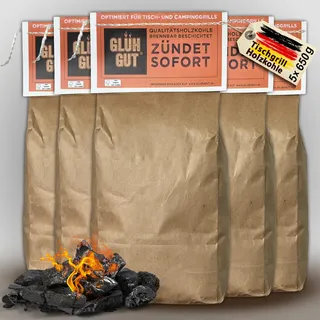 Glühgut Tischgrill-Holzkohle 650g x 5 (3.25 KG) – mit Anzündbeschichtung – Grillkohle, raucharm & schnellstartend – Körnung 20–50 mm – ideal für Lotus Grill, Balkon & Camping