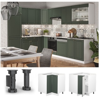 Vicco Eckunterschrank Küchenschrank Küchenmöbel Fame-Line Weiß Grün-Gold Landhaus 87 cm Küche Eckküche Einbauküche Doppel-Drehtür Einlegeboden Blende Küchenzeile