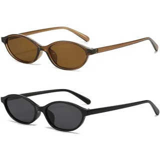 LJCZKA Retro Ovale Sonnenbrille für Damen, 90er Vintage Kleine Katzenaugen Sonnenbrille Mode Oval Brille Schmal Rahmen Schattierungen mit UV Schutz - S