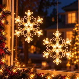 2 Stück LED Fensterlicht mit Saugnapf, Hängende Fenster Lichterkette Innen, Weihnachtsbeleuchtung, Fensterdeko Batteriebetrieben, Schneeflocke - Weiß