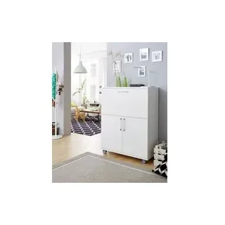 Sekretär, ideal für das Home Office, ausklappbare Schreibfläche, 2 Fächer hinter Flügeltüren, Lenkrollen, Holz, B 900 x T 450 x H 1200 mm, weiß/weiß