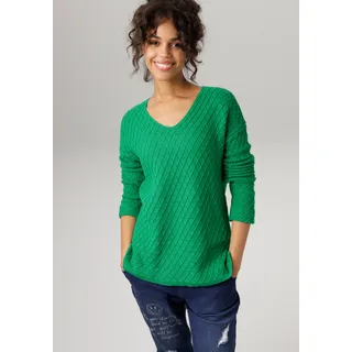 V-Ausschnitt-Pullover ANISTON CASUAL Gr. 48, grün (smaragd) Damen Pullover Feinstrickpullover im trendigen Mustermix