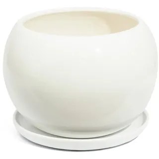 Ecoceramik Keramik Blumentopf Unikat Kugel handbemalt D 110 mm Weiss inkl. Untersetzer