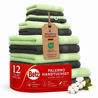 Betz 12-TLG. Handtuch-Set Palermo 100% Baumwolle 2 Liegetücher 4 Handtücher 2 Gästetücher 2 Seiftücher 2 Waschhandschuhe Farbe grün und anthrazit