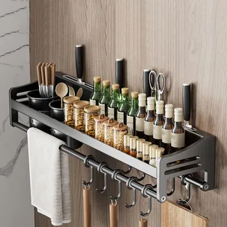 60cm,Gewürzregal Wand mit Küchenrollenhalter und Abnehmbare Haken, Küchenregal Ohne Bohren aus Edelstahl, Gewürz Organizer Hängend für Zur Aufbewahrung von Gewürzen, Dosen, Gläsern