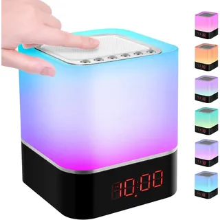 Facarler Bluetooth-Lautsprecher Wecker für Schlafzimmer, 5-in-1 dimmbare Touch-Nachttischlampe mit 7 RGB Farben, Wireless Charger & USB-Anschluss, Tischlampe mit FM Radio & SD-Karten MP3-Player
