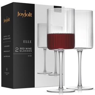 JoyJolt Elle Weingläser, geriffelt, 500 ml, Rot, Set mit 2 großen Gläsern mit langem Stiel, einzigartiges Stielglas oder Cocktail-Weinglas im Vintage-Stil