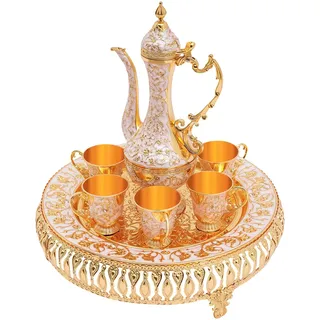 Türkische Kaffeekanne Set, Vintage Teeservice Set, Metall Russisches Samowar Weinglas mit 6 Luxuriösen Kaffeetassen und Handgefertigtem Teetablett Set für Teetisch Dekoration (Gold)