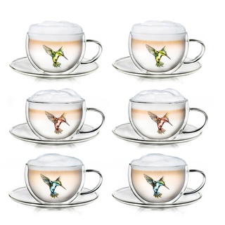 Creano 6er-Set Thermo-Tassen Hummi für Tee/Latte Macchiato, doppelwandig, mit Kolibri-Muster | 250ml in exklusiver Geschenkpackung
