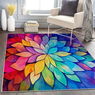 buyluhn Teppich Quadratisch Klein 120x120 Waschbar in Waschmaschine Farbenfrohe Blumen Teppich Kurzflor Blumen Teppich Gegend rutschfest Dünn Saugfähig für Bad Eingangsbereich Innen