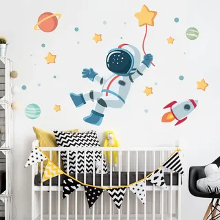 Wandsticker Kinder Dekoration Babyzimmer Wandtattoo Kinderzimmer Wandaufkleber Astronaut im Sternenbereich H90 x 60 cm