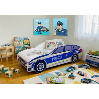 Kids Collective Autobett Kinderbett Jugendbett Polizei 70x140, 80x160 cm mit Rausfallschutz, Polizeiauto Polizisten Kinderspielbett 70x140 cm