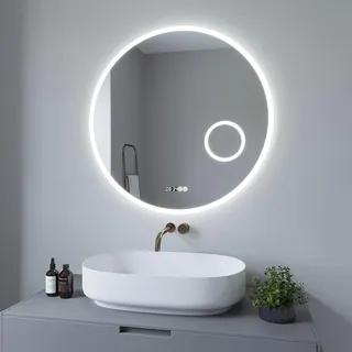 AQUABATOS® Badspiegel mit Beleuchtung Rund 80 cm LED Schminkspiegel Uhr Kosmetikspiegel Wandspiegel Badezimmerspiegel Lichtspiegel Dimmbar Touch für Wandschalter Kaltweiß 6400K Spiegelheizung