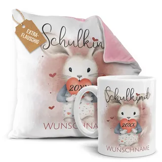 Print Royal PR Einschulung Geschenke-Set - Schulkind mit Name und Jahr personalisiert - Hase, personalisierte Geschenke zur Einschulung Deko | Flauschiges Kissen, Rückseite Rosa & Tasse 300 ml