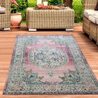 CARPETIA In- & Outdoor Teppich Ornamentmuster Rosa Creme 120x170 cm | Pflegeleicht, strapazierfähig und farbecht, OEKO-TEX geprüft, für Fußbodenheizung, Balkon, Terrasse, Küche & Wohnräume