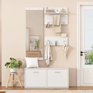 ModernLuxe Garderoben-Set 4-teilig,Flur Garderoben Set mit Spiegel, 2 Wandgarderoben, Schuhschrank 90×30×41,5 cm – Kompaktgarderobe mit Hutablage,Wandgarderobe & Schuhablage Weiß