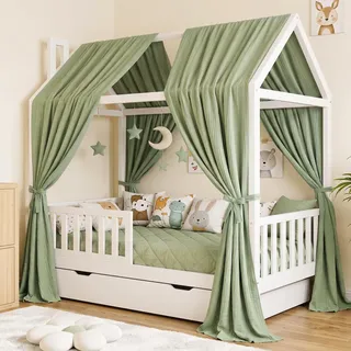 Hausbett Himmel - Betthimmel Hausbett aus 100% Baumwolle Musselin, Hausbett Vorhang für Kinderbett, Hausbett Deko Mädchen, Stoffhimmel für Hausbett & Himmelbett (Grün, H270 x B67 cm (2 Stück))