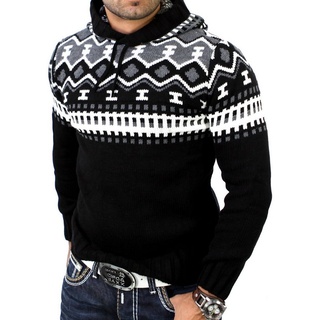 Reslad Strickpullover Reslad Herren Grobstrick Pullover Norweger Winter Kapuzenpullover (1-tlg) Strickpullover Männer Norwegermuster mit Kapuze schwarz XL