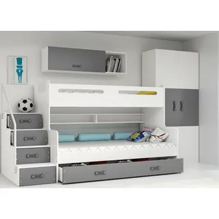 Interbeds Etagenbett Hochbett Stockbett mit Treppe und Stauraum Kinderbett Stauraumbett für Kinder und Jugendliche Bettgestell mit Lattenrost (weiß+grau)
