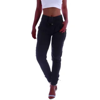 Damen High Waist Business Hose Stoffhose Hochschnitt Paperbag Chino Reiterhose Schwarz 34 36 38 40 XS S M L gr größe size Hoch schnitt Stoff locker sommer hose-n gürtel knopfleiste chinos reiter lang - S