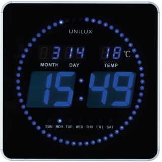 Unilux LED Wanduhr Flo, Blaue LEDs, lautlos, mit Datum und Temperatur-Anzeige, 38,8 x 31,6 x 6,4 cm