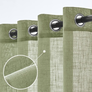 Woaboy Leinen Grün Gardinen Halbtransparent Vorhänge Leinenoptik Wohnzimmer mit Ösen Stores Gardine Schlafzimmer Modern Ösenvorhang Schlaufengardinen 2er Set 140x225cm (BxH) Grün