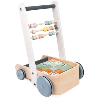 Janod - Sweet Cocoon ABC Buggy - Baby Lauflernwagen aus Holz mit 20 Alphabet Bausteinen mit Zahlen + Abakus - Farben auf Wasserbasis - Ab 1 Jahr, J04408