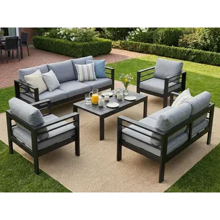 MeXo Gartenlounge-Set Gartenmöbel Set Aluminium Wetterfest 6-7 Personen, mit 12cm Deluxe Relax-Sitzkissen, pflegeleichte Polywood-Tischplatte - Schwarz