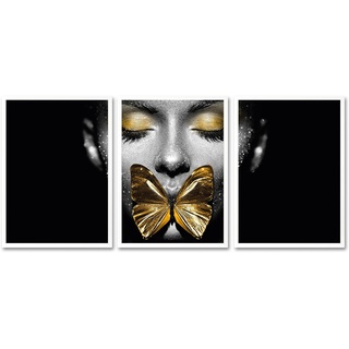 Bild mit Rahmen LEONIQUE "Gesicht Schmetterling Gold - Gerahmter Digitaldruck Wandbild" Bilder Gr. B/H: 30 cm x 40 cm, Wandbild-Set Hochformat, goldfarben (gold) Bilder mit Rahmen 3x 30x40 cm - Holzrahmen Dekoration Weißer Triptychon