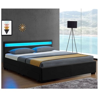 Juskys Polsterbett Lyon, 140x200 cm, ausziehbare Bettkästen, LED-Licht, gepolstertes Kopfteil schwarz 210 cm x 36.5 cm