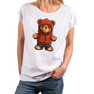 MAKAYA Print-Shirt Damen Kurzarm Teddybär coole lustige freche sexy Sommer Tops Teddy, Motiv weiß