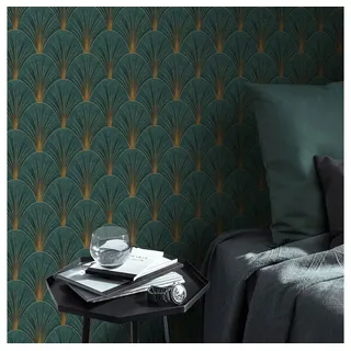 Erismann Vliestapete Art Deco Fächer Motiv Grün Gold Metallic 10451-19 Elle Decoration