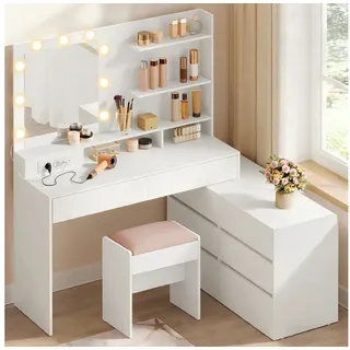 VASAGLE Schminktisch Frisiertisch 9 Glühbirnen, 8 Schubladen, 3 Lichtfarben (1 Tisch mit 1 Hocker), mit drehbare Seitenkommode, gerade oder L-förmig, mit Licht weiß