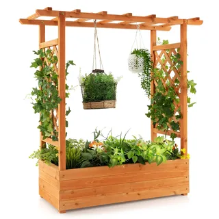 RELAX4LIFE Pflanzkasten mit Rankgitter & Dachregal, Blumenkasten mit Gartenspalier für Kletterpflanzen & Korbpflanzen, Rankkasten Holz, Blumenbeet für Balkon Terrasse, 110 × 44 × 113,5 cm, Orange