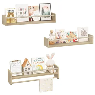 WOLTU 3er Set Kinder Bücherregal Wand, 60cm Wandregal Kinderzimmer, aus Massivholz, Hängeregal Schweberegal Kinderregal, Montessori Regal, für Bücher Spielzeug, Naturholz Farbe