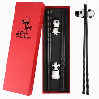 YI Essstäbchen 2 Paar Stäbchen Essstäbchen Geschenk Set mit Chinesischen Panda Halter schwarz