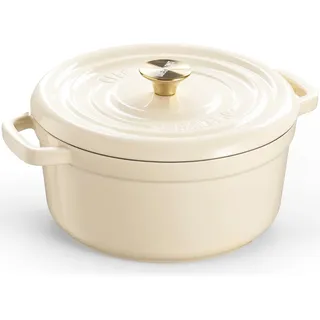 Overmont Bräter Emailliert Gusseisen Topf - Dutch Oven 26cm backofengeeignet mit Deckel und Kochbuch - für Braten Küche Backen Schmoren Weiß