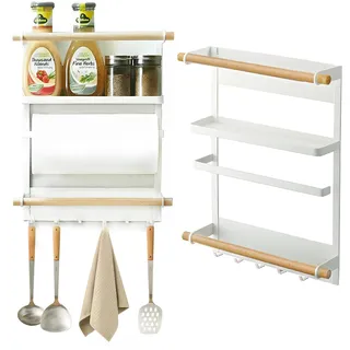 OXTXO Magnetisches Gewürzregal für den Kühlschrank – 3-stufiges Regal mit 6 Haken, Holzdesign – Küchenregal für Gewürze, Handtücher, Gläser & Küchenrolle (Weiß)