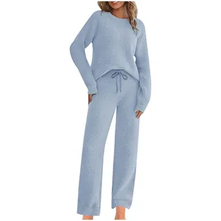 Schlafanzug Damen Fleece Pyjama Set Kuscheliger Zweiteiliger Set Schlafanzug mit Rundhals Winter Langarm Flauschig Hausanzug Thermo Nachtwäsche Loungewear (in Übergröße erhältlich) - XS