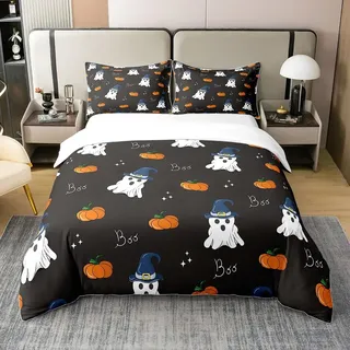 Lustige Geist 100% Baumwolle Bettbezug,Kürbis Laterne Bettwäsche für Jungen Mädchen,Gotische Hexenhut Tröster Abdeckung,Cartoon Spooky Halloween Bett Sets mit 1 Kissenbezug 135x200
