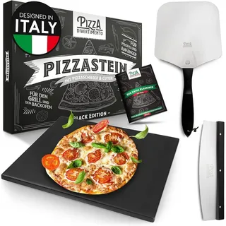 Pizza Divertimento Pizzastein Einzeln oder als Set - Für Backofen & Grill, (Cordierit-Stein - Optional mit Pizzaschieber, Schneider & Rezept-E-Book), Bis 900 Grad Celsius schwarz