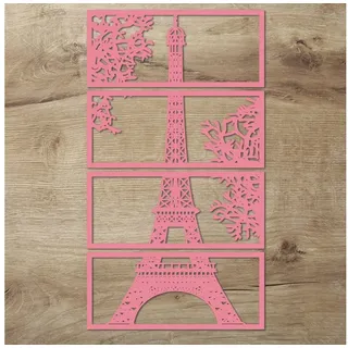 Namofactur Wanddekoobjekt XXL Eiffelturm Holz Wandbild Paris Wanddeko Wohnzimmer Schlafzimmer (6mm, 4-teilig), 3D-Wandtattoo Eiffelturm Paris gerahmt Wandgestaltung für dein Zuhause rosa