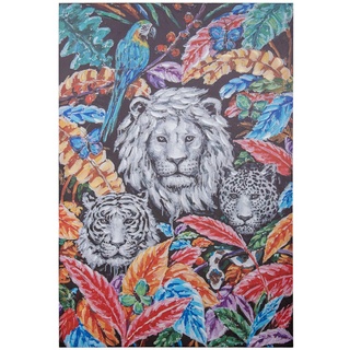 DRW Leinwandbild, Dschungel, Löwe, Tiger und Panther Vögel und Schmetterlinge, handbemalt, 40% verschiedene Farbtöne, 120 x 80 x 3 cm