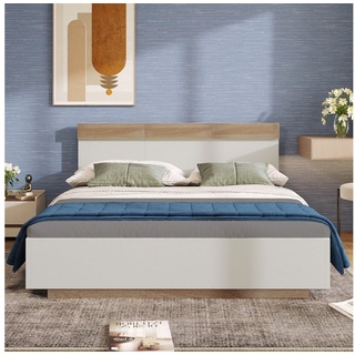 SOFTWEARY Holzbett Doppelbett mit Lattenrost und Kopfteil (140x200 cm), Schwebebett weiß 144 cm x 205 cm x 90.5 cm