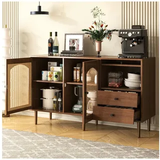 OKWISH Sideboard Landhaus Aufbewahrungsschrank Rattantüren Magnetverschluss (Wohnzimmerschrank Aufbewahrungsschrank, Buffetschrank, 1 St., 2 Rattantüren, 1 Klapptür, 2 Schubladen), mit verstellbare Einlegeböden, Magnetverschluss