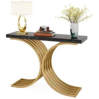 Tribesigns Konsolentisch 100 x 30 x 80 cm Schmal Flurtisch,Beistelltisch mit Gold Metallgestell (Weiß und Gold / Schwarz und Gold), Kleiner Ausstellungstisch, Sofatisch für kleinen Raum Eingang, Flur schwarz