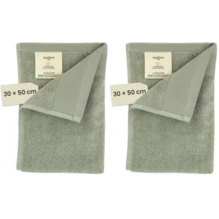 Jean & Len Gästehandtuch aus 100% Bio-Baumwolle, in der Farbe Salbei, mit Aufhänger, Oeko-TEX und GOTS Zertifiziert, Markenlabel aus veganem Leder, Gästehandtücher 30x50 cm (Packung mit 2)